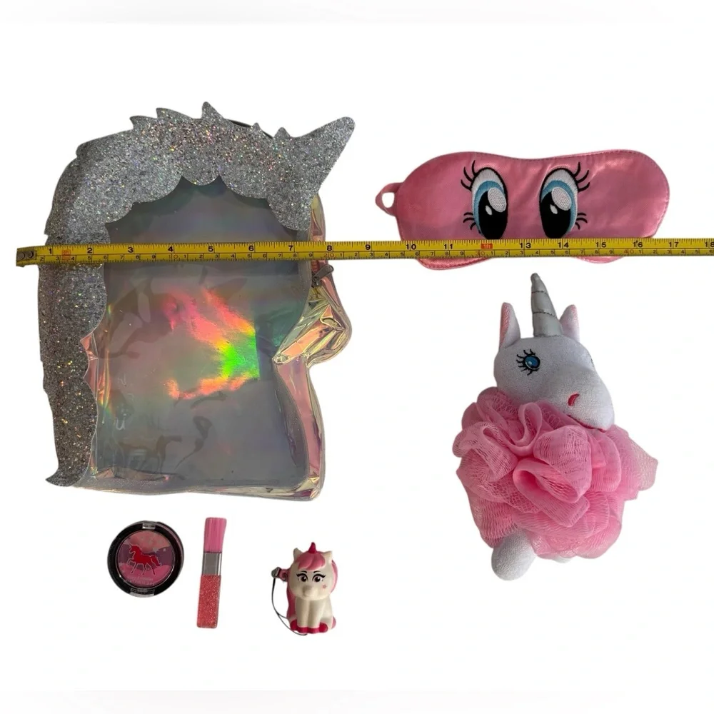6 piece Unicorn bundle in zipper bag body shimmer eye mask pouf squishie & more